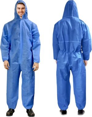 Disposable Coveralls for Men and Women, X-Large. Blue Hazmat Suit Costume. Water-Resistant SMS Polypropylene Painters Suit with Hood, Elastic Cuffs and Ankles, Front Zipper