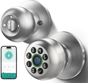 Keypad Smart Door Knob Lock, Fingerprint Keyless Entry Door Lock with Handle for Front Door and Bedroom, Electrionic Biometric Code Door Knob with APP, Auto Lock for Home Office Apartment Garage
