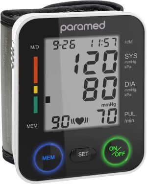 PARAMED Automatic Wrist Blood Pressure Monitor: Blood-Pressure Kit of Bp Cuff + 2AAA and Carrying case – Irregular Heartbeat Detector & 90 Readings Memory Function & Large Display