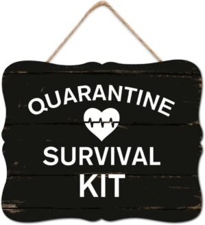 Quarantine Survival Kit Wood Sign Plaque Motivational Quote Vintage Wood Hanging Sign Decor For Kitchen Living Room Bedroom Home Housewarming Gift 8x10in