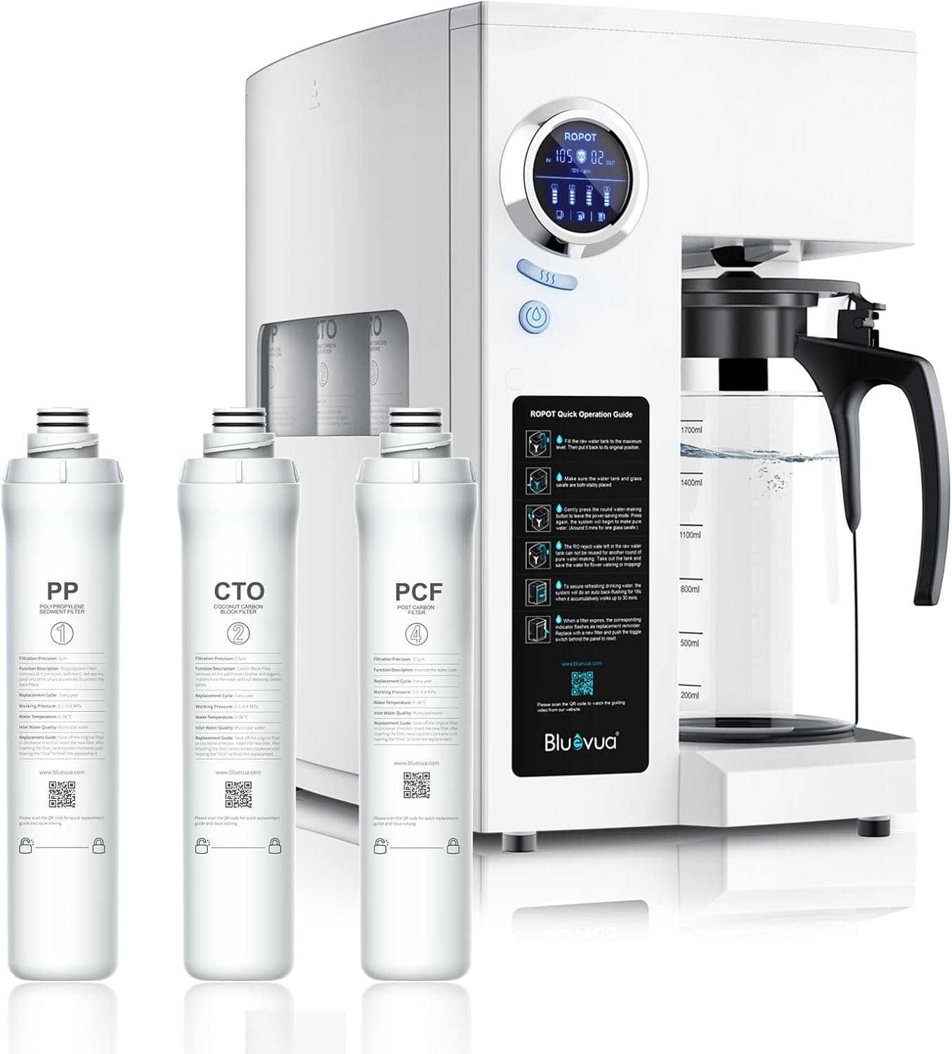 Bluevua RO100ROPOT(UV) Reverse Osmosis System Countertop Water Filter, with ROPOT 1-Year Replacement Filter Set, Bundle