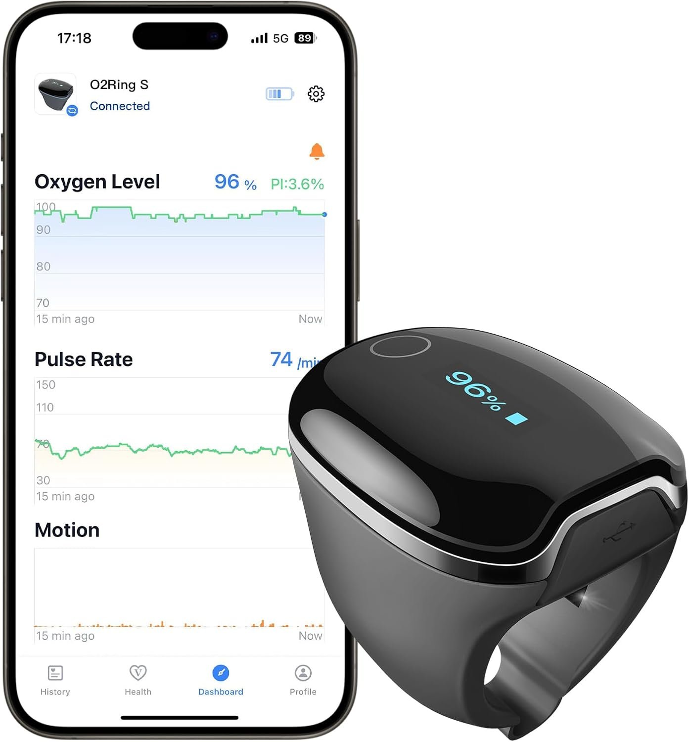Wellue O2Ring-S Oxygen Monitor with Vibration Reminder, Bluetooth Pulse Oximeter Tracks SPO2 and Pulse Rate, 24 hrs Battery Life, 4*10 Hours Built-in Memory, Rechargeable Pulse Ox with Free PC & APP