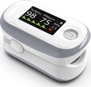 Pulse Oximeter, 4 Color OLED Display Oxygen Monitor Fingertip with 20 × Memory, Blood Oxygen Saturation Monitor (SpO2), Alarm & Brightness Adjustable, Batteries & Lanyard (White)
