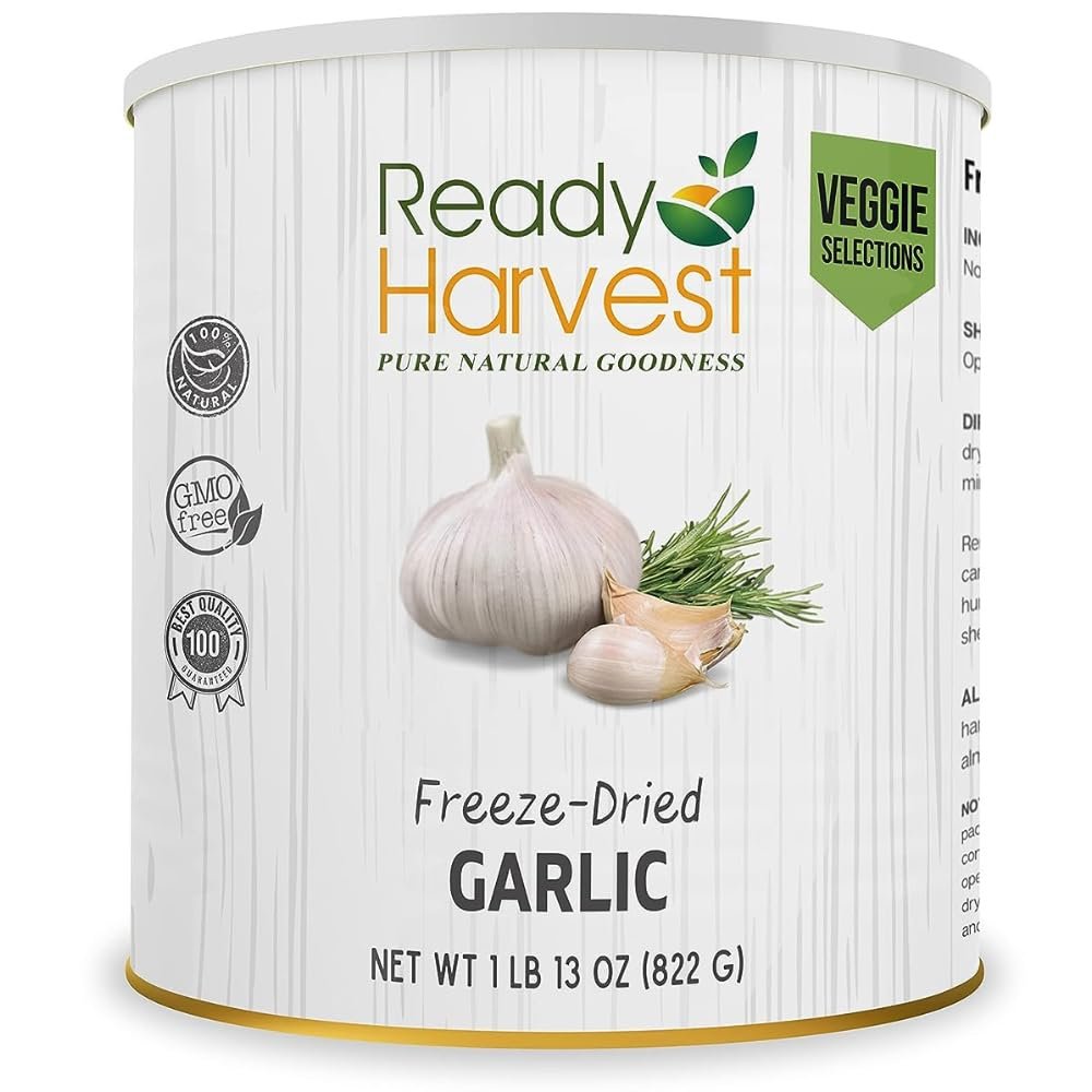 Ready Harvest Freeze-Dried Garlic for Camping Food | Camper Must-Haves Camping Essentials | Hurricane Preparedness Items as Survival Food | Pantry Staples | #10 Can | 25-Year Shelf Life | 1 can