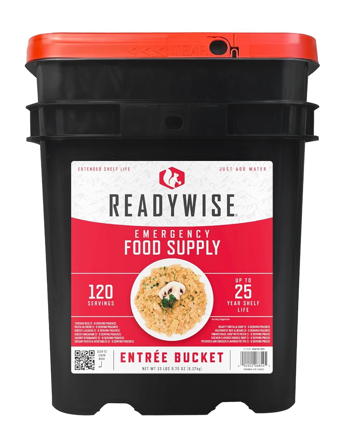 READYWISE - Emergency Food Supply Bucket, 120 Servings, MRE Meal Food Supply, Premade, Freeze Dried Survival Food for Hiking, Adventure & Camping Essentials, Individually Packaged, 25 Year Shelf Life