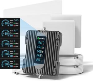 Cell Signal Booster for Home & Muti-Room with Smart LCD Display, 2 Indoor Panel Antennas of Cell Phone Signal Booster Coverage up to 8000 sq. ft., 5G Compatible FCC Approved