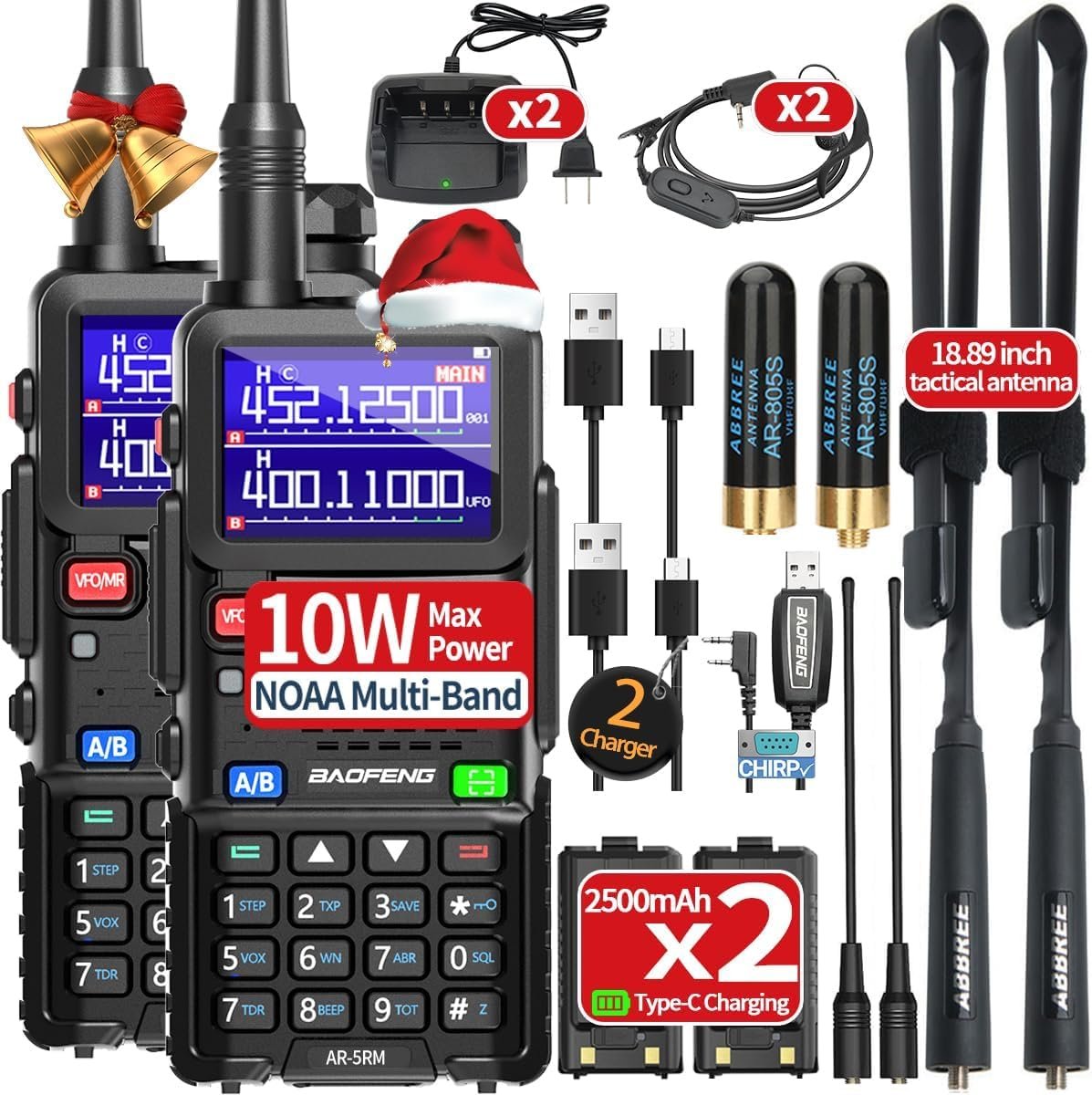 BAOFENG Ham Radio AR-5RM 10W Handheld Radios Long Range Rechargeable Tactical Two Way Radio Plus Copy Frequency 2500 mAh Walkie Talkie for Adults with Programming Cable,Type-C Charging,2 Pack