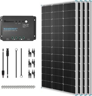 Renogy 400 Watt 12 Volt Solar Panel Starter Kit with 4 pcs 100W Monocrystalline Solar Panel and 30A Wanderer PWM Charge Controller for RV, Boats, Trailer, Camper, Marine, Off-Grid Solar Power System