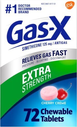 Gas-X Extra Strength Chewable Gas Relief Tablets with Simethicone 125 mg for Bloating Relief, Cherry – 72 Count