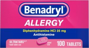 Benadryl Ultratabs Antihistamine Allergy Relief Medicine, Diphenhydramine HCl Tablets for Relief of Cold & Allergy Symptoms Such as Sneezing, Runny Nose, & Itchy Eyes & Throat, 100 ct