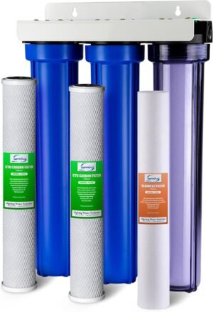 iSpring Whole House Water Filter System, Highly Reduces up to 99% Chlorine, Sediment, Taste, Odor, 3-Stage Water Filtration System w/Clear 1st-Stage Housing, Model: WCB32C, 3/4″ Inlet/Outlet