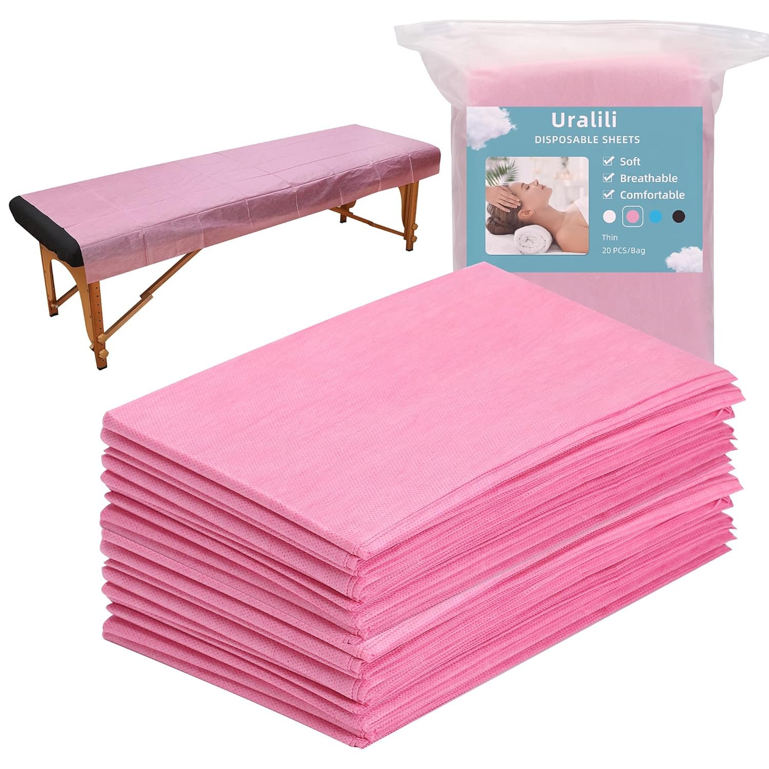 20PCS Massage Table Sheets Disposable Non Woven SPA Bed Cover Breathable Polypropylene Fabric 31" x 70" Thin, Not Waterproof (Pink)