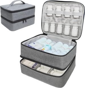 Travel Medicine Organizer and Storage Bag – Double Layers Pill Bottle Organizer Bag for Emergency Medication,Supplements or Medical Kits, Zippered Lockable Empty Medicine Bag for Home (Grey, M)