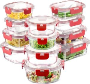 FineDine 24 Piece Glass Storage Containers with Lids – Leak Proof, Dishwasher Safe Glass Food Storage Containers for Meal Prep or Leftovers, Red