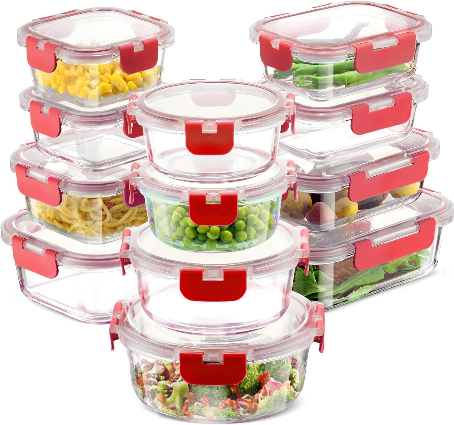 FineDine 24 Piece Glass Storage Containers with Lids - Leak Proof, Dishwasher Safe Glass Food Storage Containers for Meal Prep or Leftovers, Red