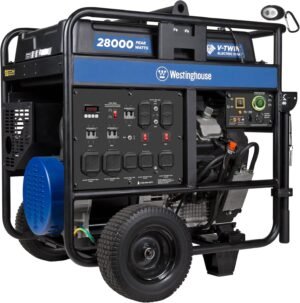 Westinghouse 28000 Peak Watt Home Backup Portable Generator, Remote Electric Start with Auto Choke, Transfer Switch Ready 30A & 50A Outlets, Gas Powered, CO Sensor,Blue