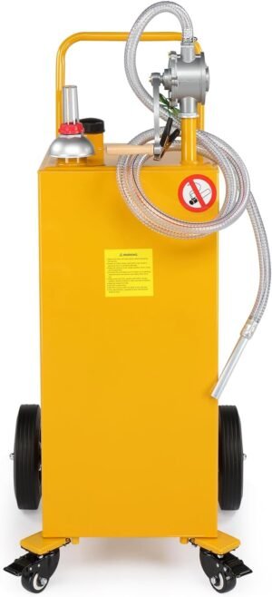 30-Gallon Portable Oil Transfer Fluid Diesel Fuel Storage Tanks Gas Caddy Storage Diesel Kerosene Storage Containers with Rolling Flat-Free Solid Rubber Wheels for Boat, ATV, Car, Motorcycle Yellow