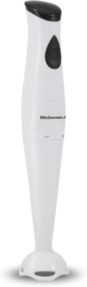 Elite Gourmet EHB2400W Electric Immersion Hand Blender, Mixer, Chopper, 1-Touch Control Multi Purpose Electric Immersion Stick, Mixer, Chopper, 150 Watts, For Soups, Sauces, Baby Food, White