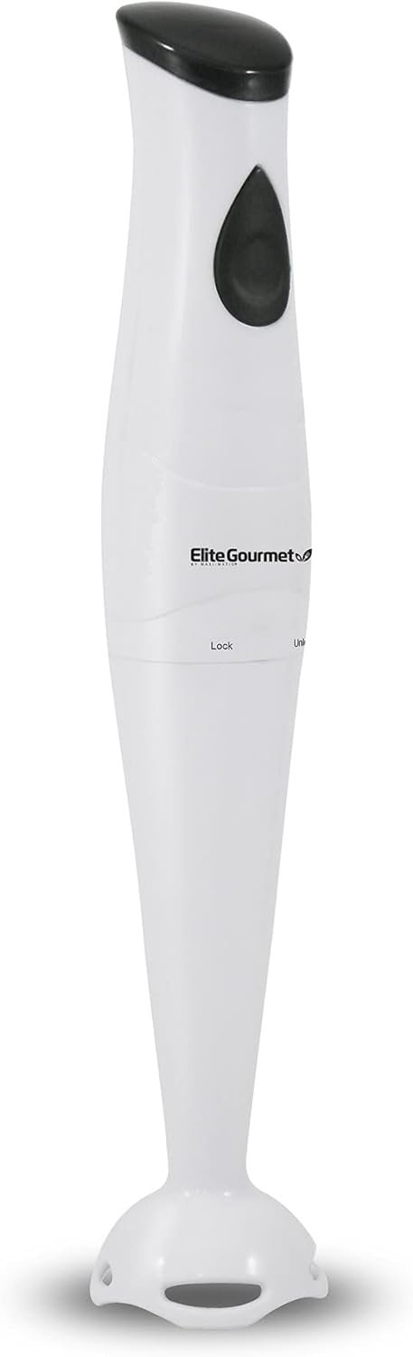 Elite Gourmet EHB2400W Electric Immersion Hand Blender, Mixer, Chopper, 1-Touch Control Multi Purpose Electric Immersion Stick, Mixer, Chopper, 150 Watts, For Soups, Sauces, Baby Food, White