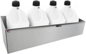Pit Posse 431 Utility Fuel Jug Rack Holder Shelf 46″ Fits 4 Five Gallon Jugs – Made in USA – Enclosed Race Trailer Garage Shop Aluminum Quad Four Mount Storage Organizer (Silver)