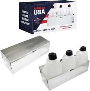 Pit Posse 436 Triple Utility Fuel Jug Rack Holder Shelf 34.5″ Fits 3 Five Gallon Jugs – Made in USA – Enclosed Race Trailer Garage Shop Storage Workspace Aluminum Organizer (Silver)