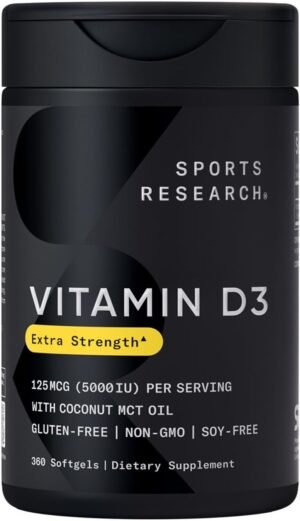 Sports Research Vitamin D3 5000iu (125mcg) with Coconut Oil ~ High Potency Vitamin D for Immune & Bone Support ~ Non-GMO Verified, Gluten & Soy Free (360 Mini-Liquid Softgels)