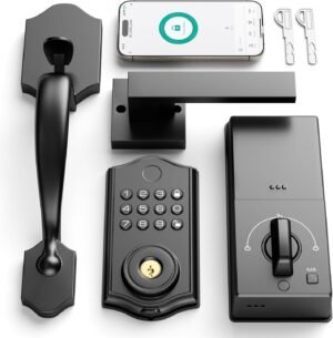 Smart Front Door Lock Set, APP Control Keyless Entry Door Lock with Handle, Smart Fingerprint Deadbolt, Anti-Peeping Electronic Keypad, Auto Lock, Easy Install, Black