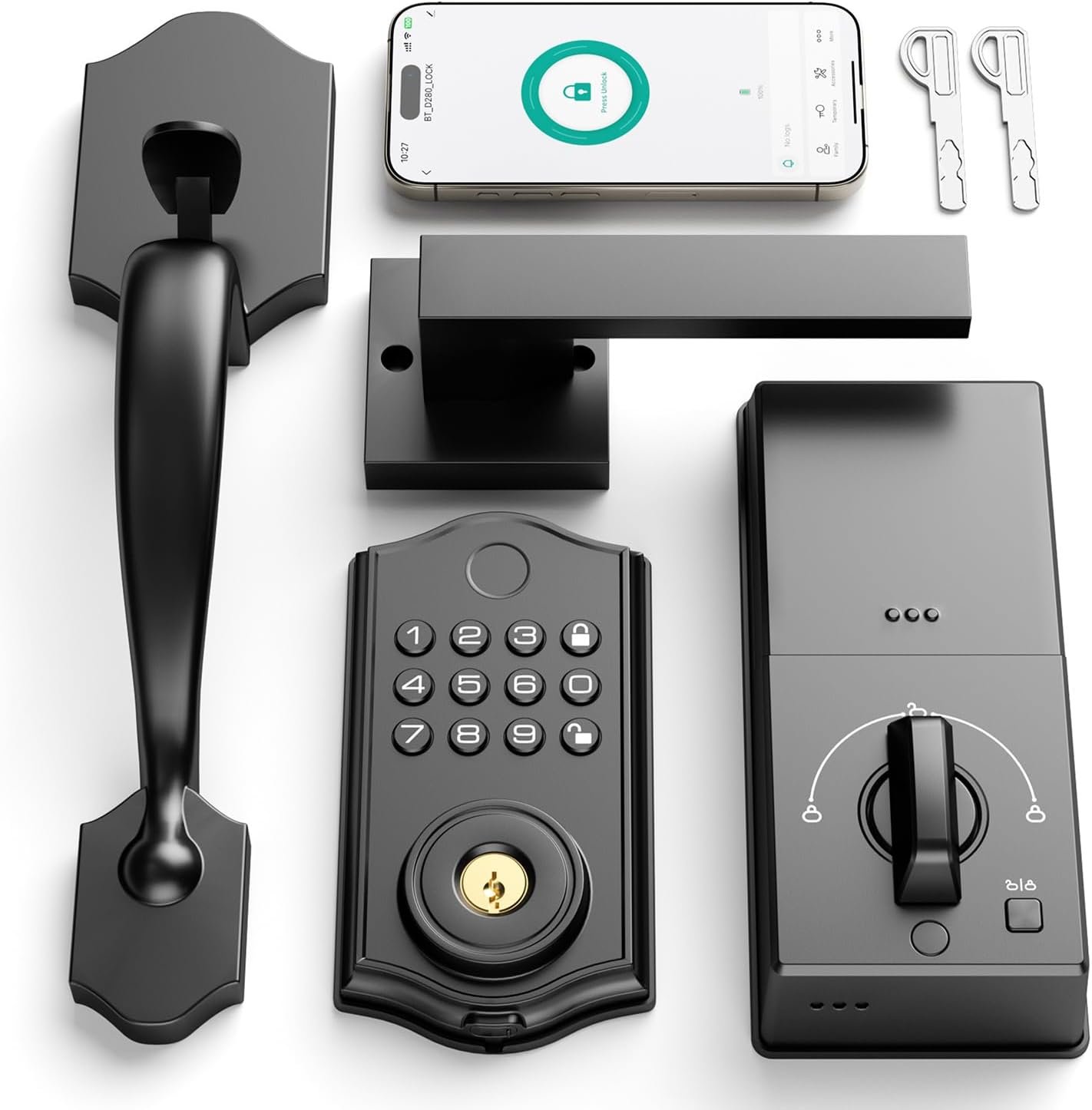 Smart Front Door Lock Set, APP Control Keyless Entry Door Lock with Handle, Smart Fingerprint Deadbolt, Anti-Peeping Electronic Keypad, Auto Lock, Easy Install, Black