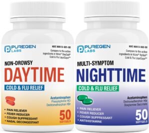 Puregen Labs Daytime and Nighttime Combo Pack, Cold and Flu Relief Medicine | Powerful Multi-Symptom Daytime and Nighttime Relief for Headache, Fever, Sore Throat, Cough, Congestion and Aches