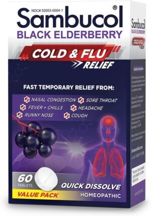 Sambucol Cold and Flu Relief Tablets – Homeopathic Cold Medicine, Cold Remedy for Adults, Black Elderberry for Colds, Zinc Cold Remedy – 60 Count