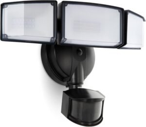 UME 49W LED Security Lights Motion Sensor Light Outdoor, 5000K Daylight, IP65 Waterproof, Dusk to Dawn, 3 Head Motion Detected Flood Light for Garage, Yard, Porch (Black)
