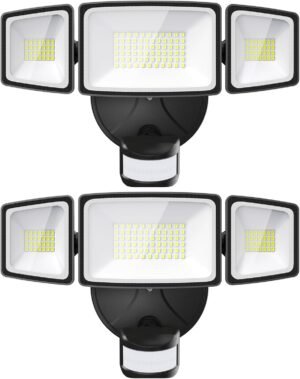 Onforu 2 Pack 65W LED Motion Sensor Outdoor Lights, 6500LM 6500K IP65 Waterproof Security Lights Motion Outdoor Flood Lights Fixture Detection Detector 3 Adjustable Heads for Eave Yard Garage Wall