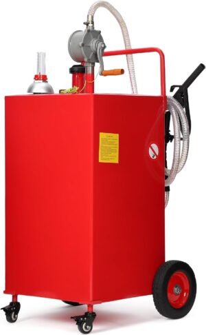 Fuel Caddy, 35 Gallon Portable Gas Caddy on 4 Wheels with Manual Transfer Pump, Gasoline Diesel Fuel Container for Cars, Lawn Mowers, ATVs, Boats, Red