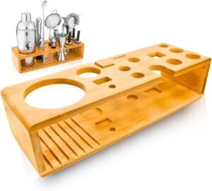 Cocktail Shaker Set Stand Only – Wooden Bartender Kit Stand – Bar Accessories Storage Holds Up to 15 Pcs – Bar Tools Set Bamboo Stand for Home Or Bar