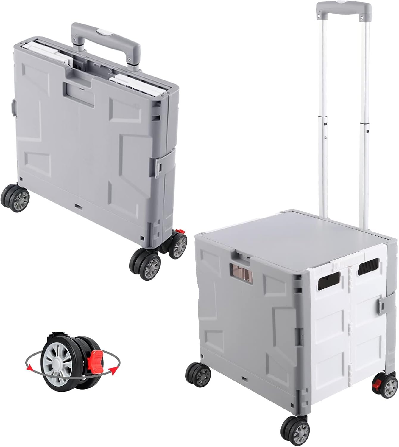 FELICON Folding Utility Cart Portable Rolling Crate Handcart with Durable Heavy Duty Plastic Telescoping Handle Collapsible Hidden Lid 4Rotate Wheels for Travel Shop Move Office Teacher(Gray&White)