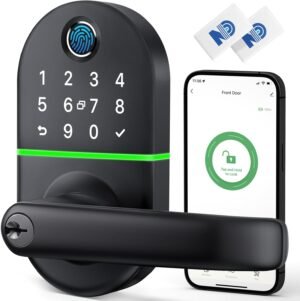 Smart Keypad Door Lock with Handle: Keyless Entry Door Lock for Front Door – Fingerprint Biometric Door Lock – Electronic Digital Door Lock with Code (Black)