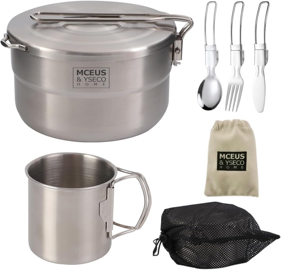 Compact Camping Pot Backpack Mess kit, 18/8 Stainless Steel Camping Pot and Pan Cooking Set, Lightweight Camping Cup, with Folding Camping Silverware Set for Outdoor Camping Hiking Picnic