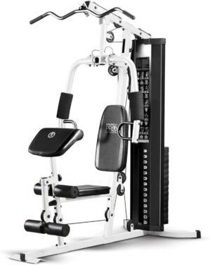 Marcy Home Gym Workout Station with Curl Pad, Lat Pulldown, Leg Developer & Weights, White