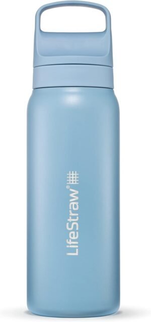 LifeStraw Go Series — Insulated Stainless Steel Water Filter Bottle for Travel and Everyday Use Removes Bacteria, Parasites and Microplastics, Improves Taste, 24oz Icelandic Blue