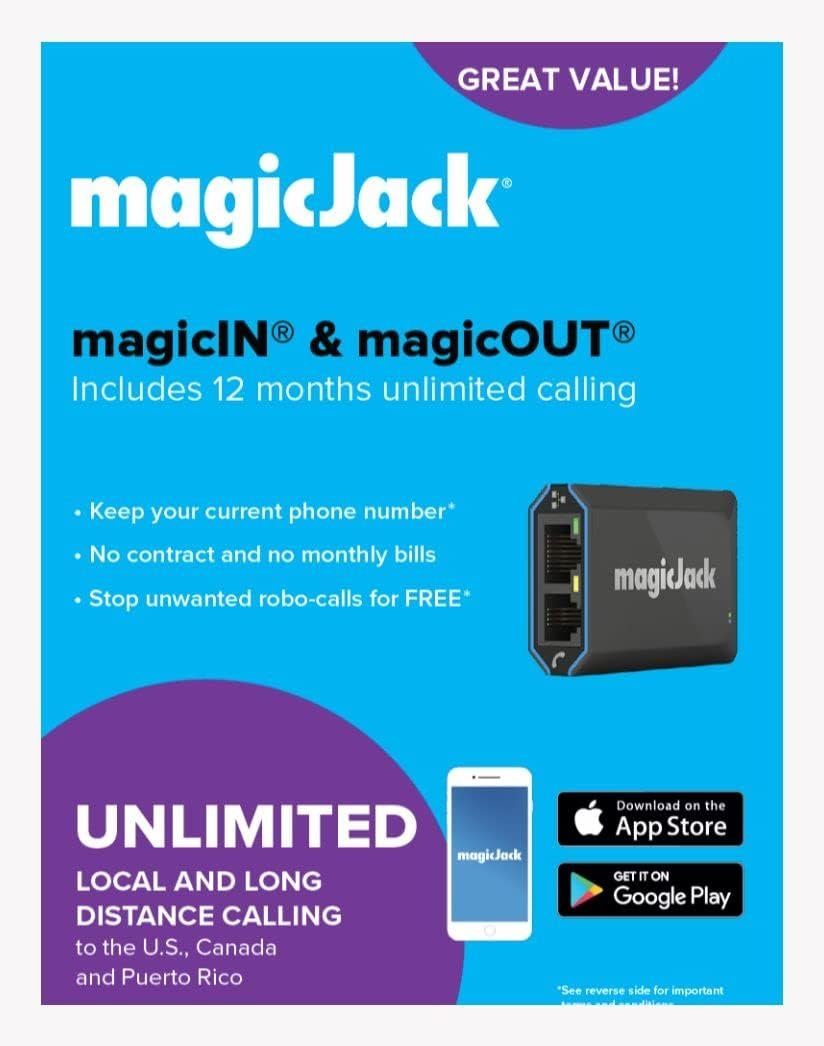 magicJack, New 2024 VOIP Phone Adapter, Portable Home and On-The-Go Digital Service. Unlimited Calls to US and Canada. NO Monthly Bill | Featuring magicIN™ & magicOUT™ Service