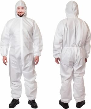 EZGOODZ White Disposable Coveralls with Hood, 5XL. 5 Pack Disposable Hazmat Suits with Elastic Wrists and Ankles. 60 GSM Microporous Painters Suit Disposable. Waterproof Disposable Painters Coveralls