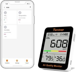 Temtop CO2 Monitor Indoor Air Quality Monitor with BLE App Connectivity, Portable CO2 Meter, CO2, Temperature, Humidity for Home, Office, or School