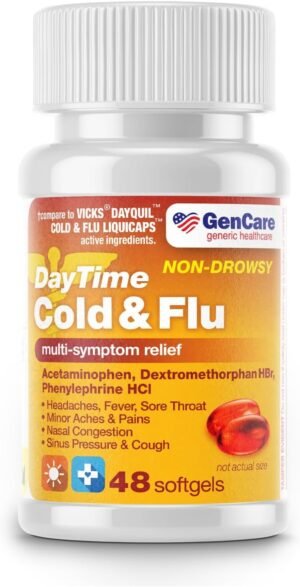 GenCare – Multi Symptom Non Drowsy Daytime Cold & Flu Relief Acetaminophen 325mg, Dextromethorphan HBr 10mg, Phenylephrine HCl 5mg (48 Softgels) Non Habit Forming Pain Reliever & Nasal Decongestant