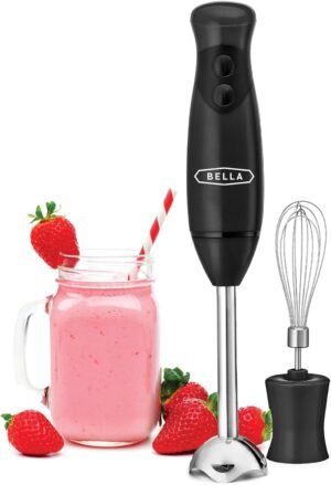 BELLA Immersion Hand Blender, Portable Mixer with Whisk Attachment – Electric Handheld Juicer, Shakes, Baby Food and Smoothie Maker, Stainless Steel, Black
