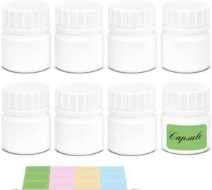 Small Pill Bottle for Travel Screw Top, Empty Medicine Bottles for Pills Capsules Vitamins, Food Grade Wide Mouth Plastic Small Travel Medicine Containers with Labels (White, 1oz/30ml, 8 Pcs)