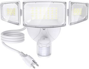 Olafus 42W Motion Sensor Outdoor Light Plug in, Motion Flood Light Dusk to Dawn, 5000LM LED Security Light IP65 Waterproof, Motion Activated 6500K PIR Sensor Lighting for Garage Yard Patio Eave, White