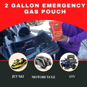 2 Gallon Gas Pouch (Foldable-Expandable gas pouch, holds 2 Gallons of gas) fits in the palm of your hand. Fits in the storage compartment of a motorcycle or glove box of a car.
