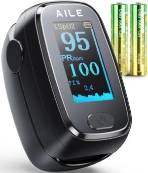 Pulse Oximeter with Fingertip Oxygen Meter : AILE Compact Fingertip Pulse Oximeter – Blood Oxygen/Heart Rate Monitor – 4 Color Screen Display – Including 2AAA Batteries for Athletic & Home (Black)