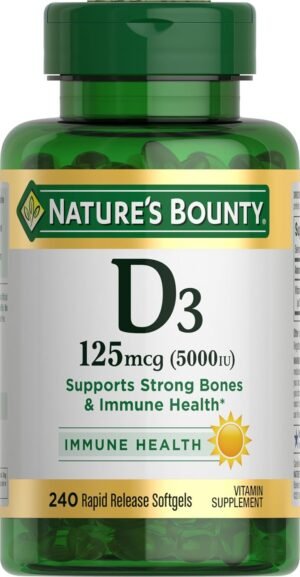 Nature’s Bounty Vitamin D3, Immune Support, 125 mcg (5000iu), Rapid Release Softgels, 240 Ct