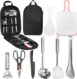 8 PCS Camping Utensil Set, Portable Camping Kitchen Cookware Storage Bag, Stainless Steel Outdoor Cooking Travel Cookware Kit Bag